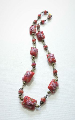 Vintage Red With Pink Flowers Lampwork Art Glass Bead Necklace Jl20bn96