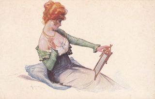 Beauty Woman Look Mirror Art By Maurice Milliere 1920s Vintage French Postcard