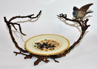 Antique Bronze Cold Painted Sparrow Bird On Branches - Bowl Holder Ikebana Feeder