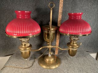 Antique Bradley Hubbard B&h Kerosene Double Student Lamp W/ Case Glass Shades