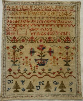 Early/mid 19th Century Motif & Alphabet Sampler By Dickinson Aged 10 - C.  1840