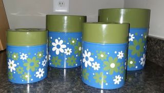 Vintage Counterpoint Set Of 4 Blue And Green Metal Canisters Avocado 1950