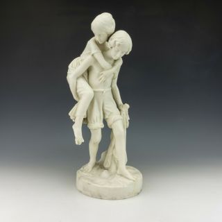 Antique English Parian Pottery - Large Young Boy Carrying A Girl Figure