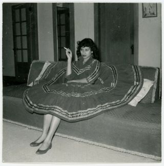 Woman Smoking On Couch Swing Dress Vtg 1950 