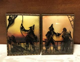 Vintage Pair Pirate Bubble Glass Silhouette Reverse Painting 4x5” Pictures
