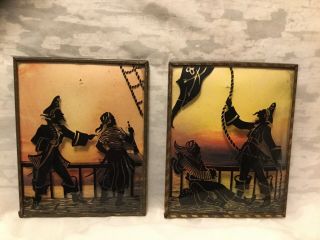 Vintage Pair Pirate Bubble Glass Silhouette Reverse Painting 4x5” Pictures 2