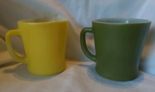 2 Vintage Fire King Milk Glass Coffee Cup " D " Handle Mug,  Yellow & Avocado,  Usa