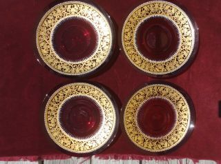 Set 4 Antique Red Venetian Hp Gold Details Glass Plates Salviati