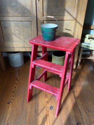 Vintage Primitive Wooden 2 Step Ladder W/ Old Red Paint - Stand - Shelf