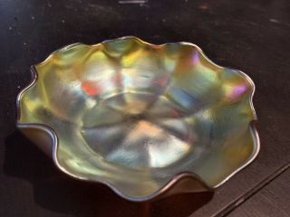 Antique Signed “l.  C.  T.  ” Gold Favrile Art Glass 1&1/2”x5” Low Bowl