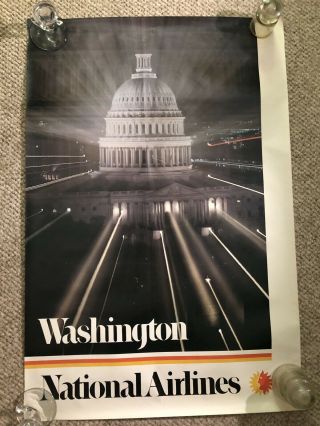 Large Vintage 70’s National Airlines Washington Dc Travel Poster U.  S.  Capitol