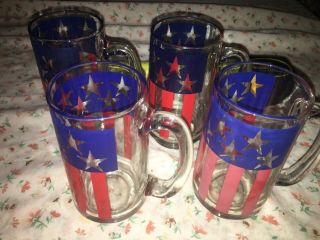 4 Vtg Patriotic Drinking Glass Stars & Stripes Red White Blue Handle 5 1/2 " Usa