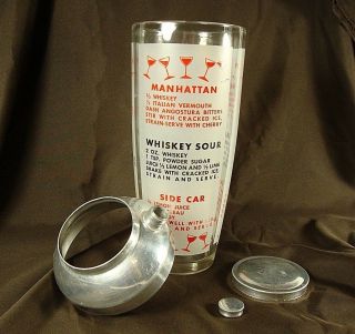 9 Recipe Vintage Mid - Century Glass Cocktail Shaker Metal Top & Pour Barware