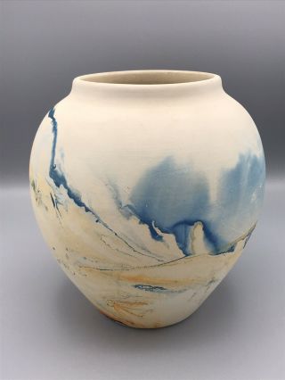 Vtg Nemadji Art Pottery Vase W/ Blue & Orange Swirl Usa