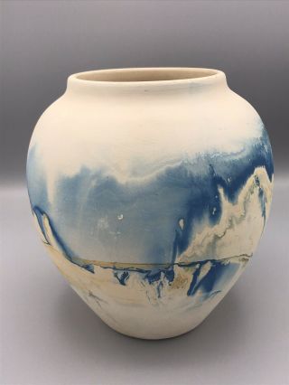 VTG Nemadji Art Pottery Vase w/ Blue & Orange Swirl USA 2