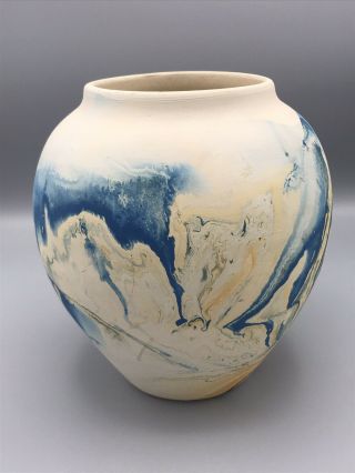 VTG Nemadji Art Pottery Vase w/ Blue & Orange Swirl USA 3