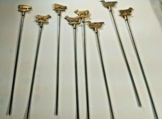 Set Of 8 Vintage Steel Shish Kabob Skewers Brass Animal Tops 12.  75 " Long