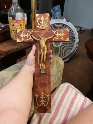 Antique 1940s French Art Deco Burl Wood Brass Marquetry Inlay Wall Crucifix