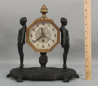 Antique Art Deco Nude Women Painted Spelter Mantle Clock Case,  Nr