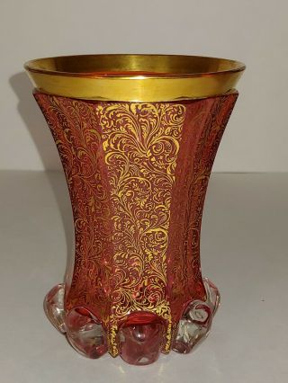 Antique Bohemian Moser Art Glass Ranftbecher Beaker Vase Cranberry W Gold