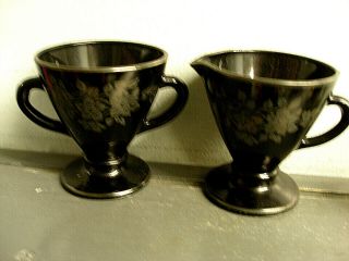 Vintage Black Amethyst Art Glass Cream & Sugar Bowl By L E Smith Silver Overlay