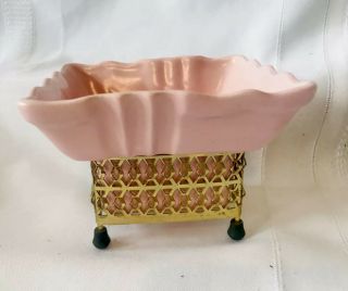 Vintage Gilner California Pottery Planter Pink Gold Base Mcm Candle Holder 4.  5”