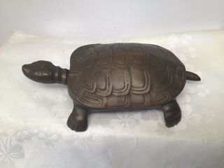 Vintage Solid Brass Turtle Tortoise Figural Trinket Box With Hinged Lid 6 1/2”