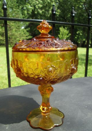 Vintage Fenton Cabbage Rose Amber Glass Lidded Pedestal Candy Dish Compote Bowl