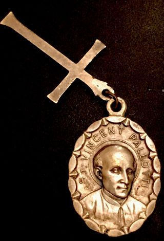 Vintage Catholic St Vincent Pallotti Silver Tone Religious Medal With Cross Set