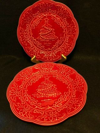 Vintage Bordallo Pinheiro Set Of 2 Red Embossed Christmas Tree Plates 8.  25 " Wide