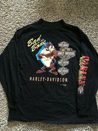 Vintage 1993 Harley Davidson Mens Long Sleeve Shirt Taz Bad To The Bone Xl