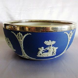 Wedgwood England - Large Antique Blue & White Jasperware Epns Rimmed Bowl