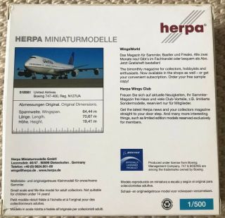 1/500 RARE Herpa United Airlines Boeing 747 - 400 2