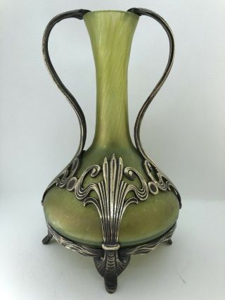 Antique Loetz Style Art Glass Vase  Art Nouveau Bronze Mounting