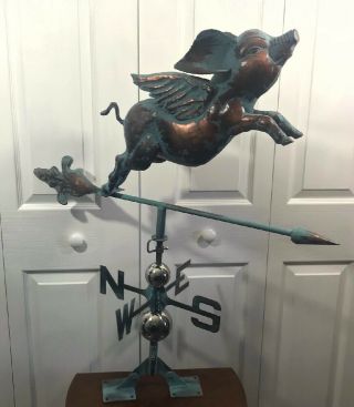 Lg 3d Flying Pig Weathervane Aged Copper Patina Finish Handcrafted Mount