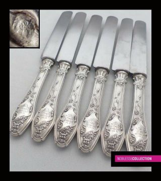 Antique 1890s French Sterling Silver & Steel Dinner Knives Set 6pc Renaissance