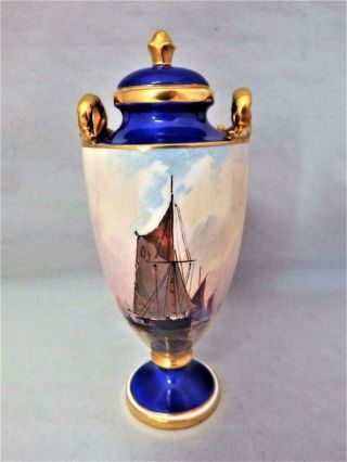 Antique Minton Porcelain England Sailing Boats Signed Lidded Urn Vase