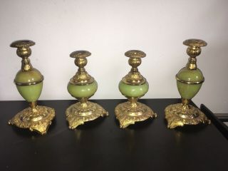 Antique Onyx & Gilt Brass Clock Garnitures Candle Sticks Set Of 4