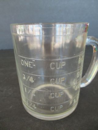 Vintage Hazel Atlas Co.  Spoutless 1 Cup Measuring Mug Clear Glass Raised Numbers