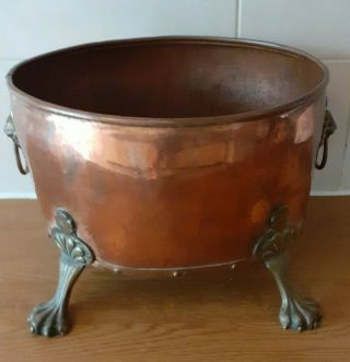 Vintage Copper And Brass Log / Coal Bucket Copper Rivets Lion Head Claw Feet