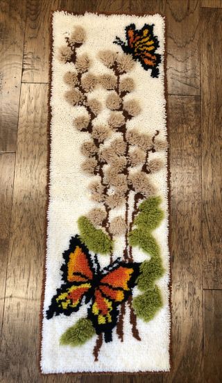 Large 48x16” Butterflies Latch Hook Rug Wall Hanging Complete Vintage 1970s