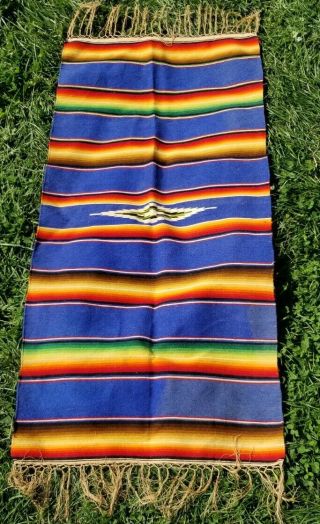 Vtg Blue Mexican Western Saltillo 46x22 Wool Serape Blanket Rug Runner Diamond