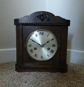 Antique Early 20th Century Hac Carved Oak Mantel Clock With Chime Key & Pendulum