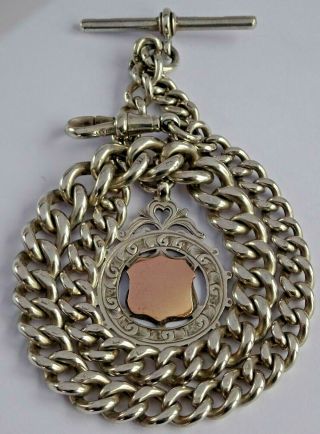 Fabulous Victorian Solid Silver Pocket Watch Albert Chain With Silver & Gold Fob