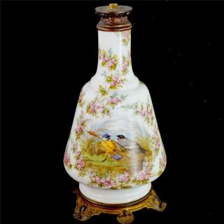 Antique French Porcelain Oil Lamp Base Hand Painted Birds & Flowers