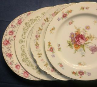 4 Mismatched Fine China Dinner Plates - Vintage Pink And Green Florals