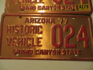 Pair Vintage ARIZONA Historic Vehicle Copper License Plate 1977 3 2