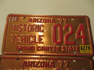Pair Vintage ARIZONA Historic Vehicle Copper License Plate 1977 3 3