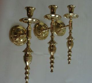 Vintage Set Of 3 Brass Wall Sconce Tapered Candle Holders 12 " Long India Euc