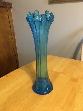 Vintage Mid Century Modern Swung Blue Glass Vase 12”x 3.  5” Euc